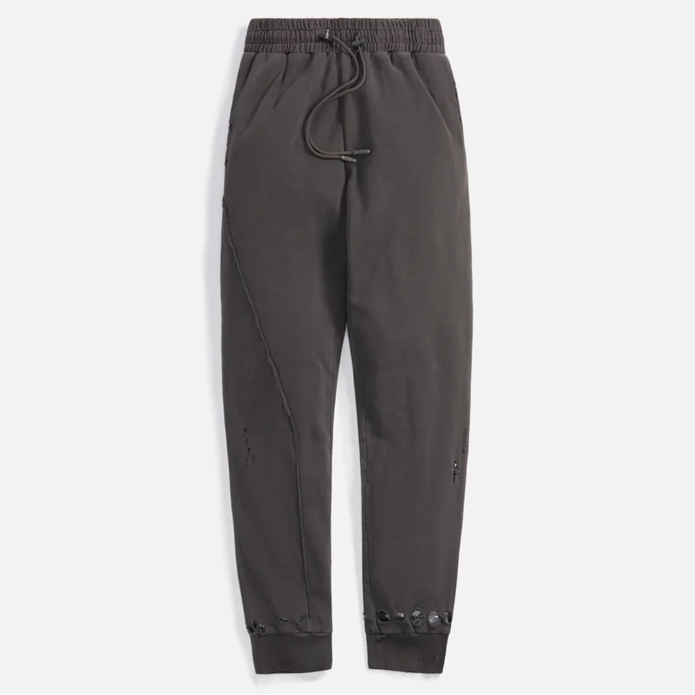 KITH: C2H4 Asymmetric Agitator Distressed Sweatpants, Slate Grey, size Large